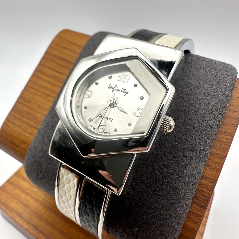 Infinity Quartz Silver Tone Cuff Bangle Watch Black White Inlay